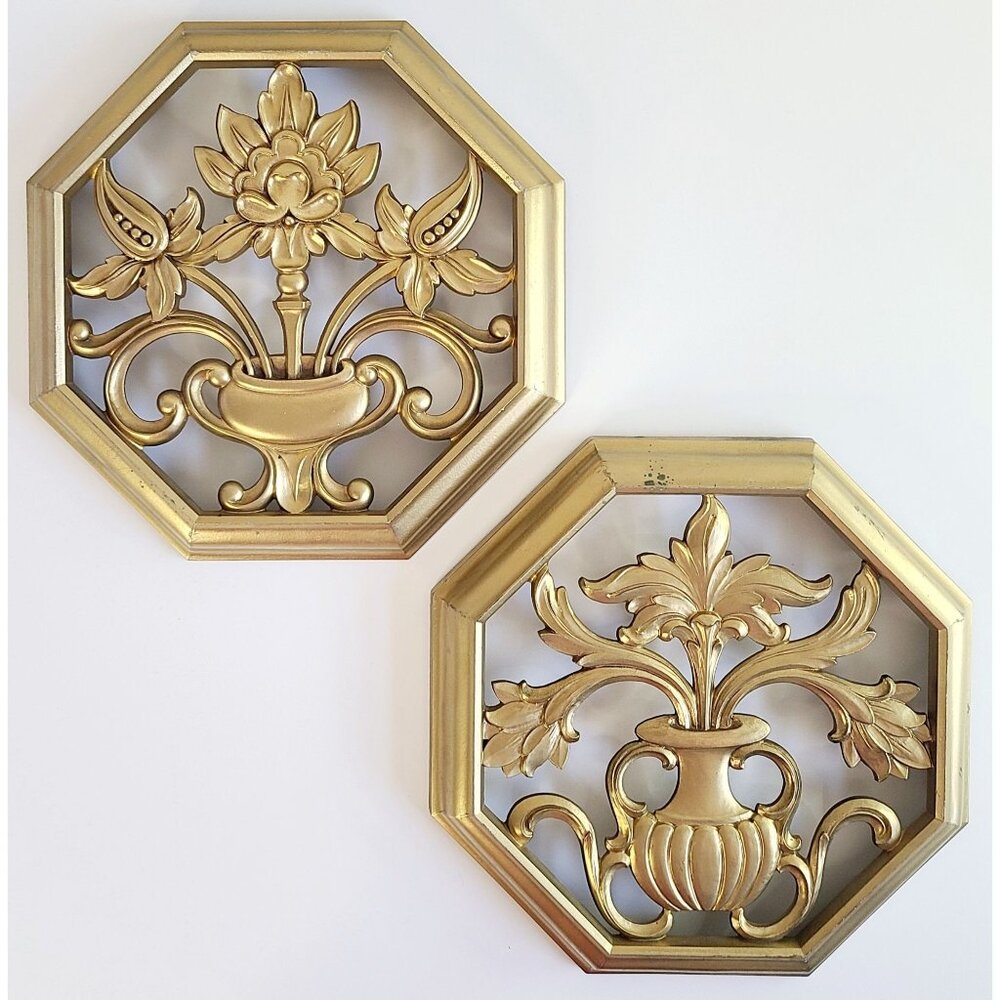 Vtg MCM Syroco Gold Octagonal Wall Art Plaques Decor Set Of 2 Floral Vase Design